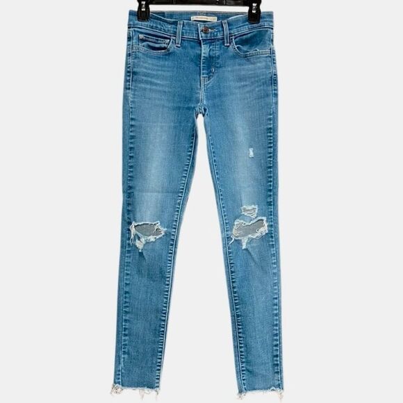 Levi’s 710 Super Skinny Distressed Raw Hem Jeans in Blue Wash Women’s 27 - Picture 1 of 9